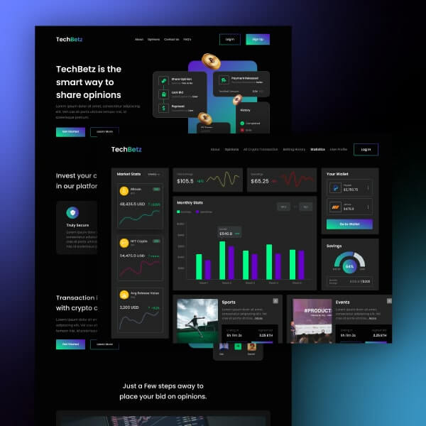 Dark theme webpage and dashboard of a finance related website
