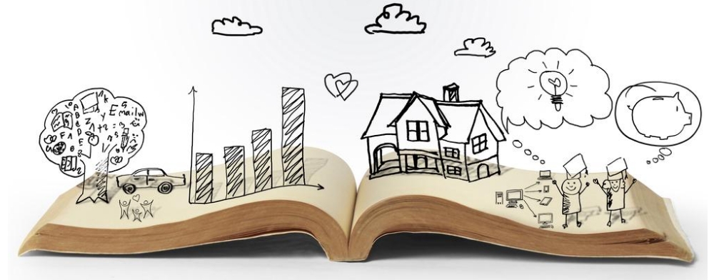 Hand-drawn illustration of a home, car, tree, graph & people.