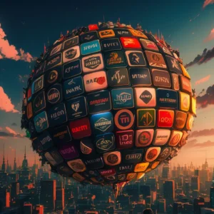 A globe floating in the sky representing multiple brands with a city in the background.