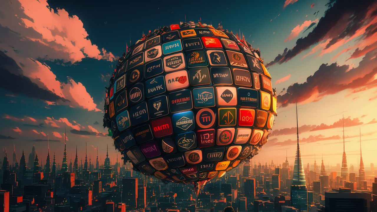 A globe floating in the sky representing multiple brands with a city in the background.