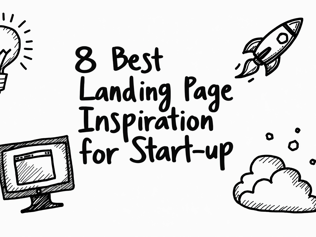 8 Best Landing page inspiration written in a bcal font and black background. It is surrounded by doodles.