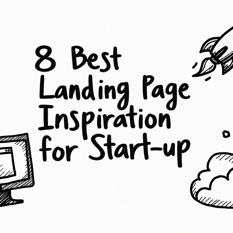 8 Best Landing page inspiration written in a bcal font and black background. It is surrounded by doodles.