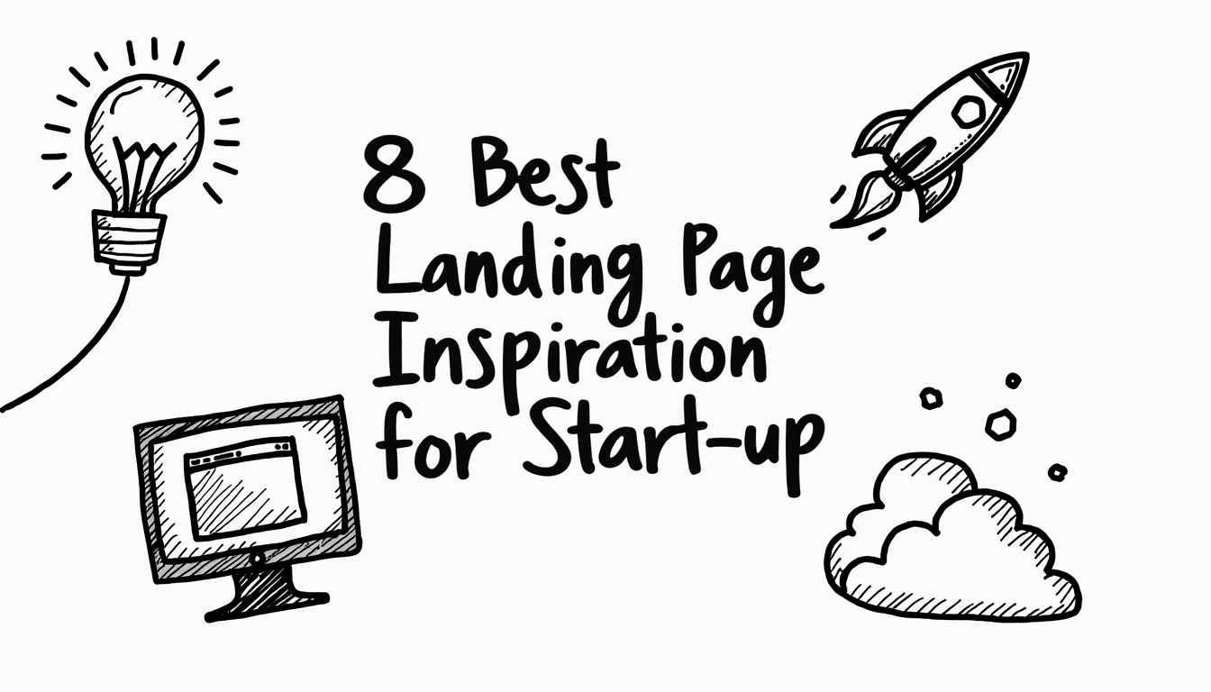 8 Best Landing page inspiration written in a bcal font and black background. It is surrounded by doodles.