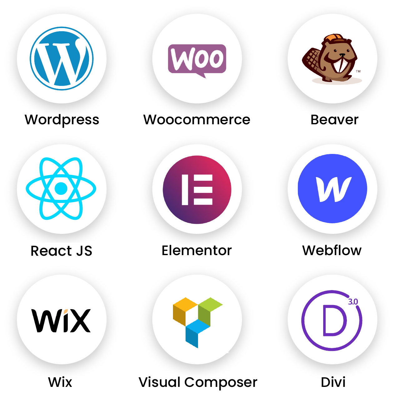 Logo's of popular website builders like WordPress, Webflow and React JS
