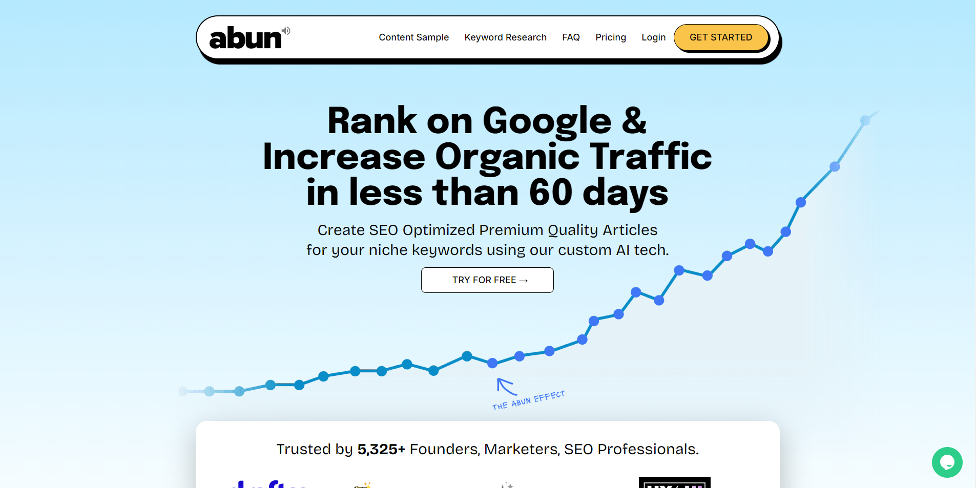 Abun landing page with a blue and white gradient. There is a graph with an upward trend.