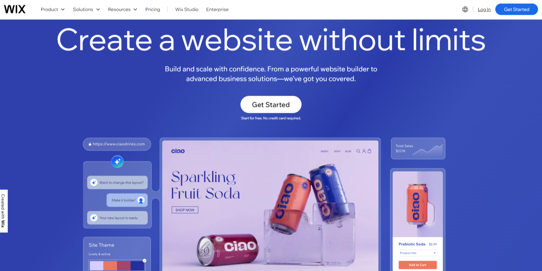 Wix landing page with a dark blue background and image of a webpage.