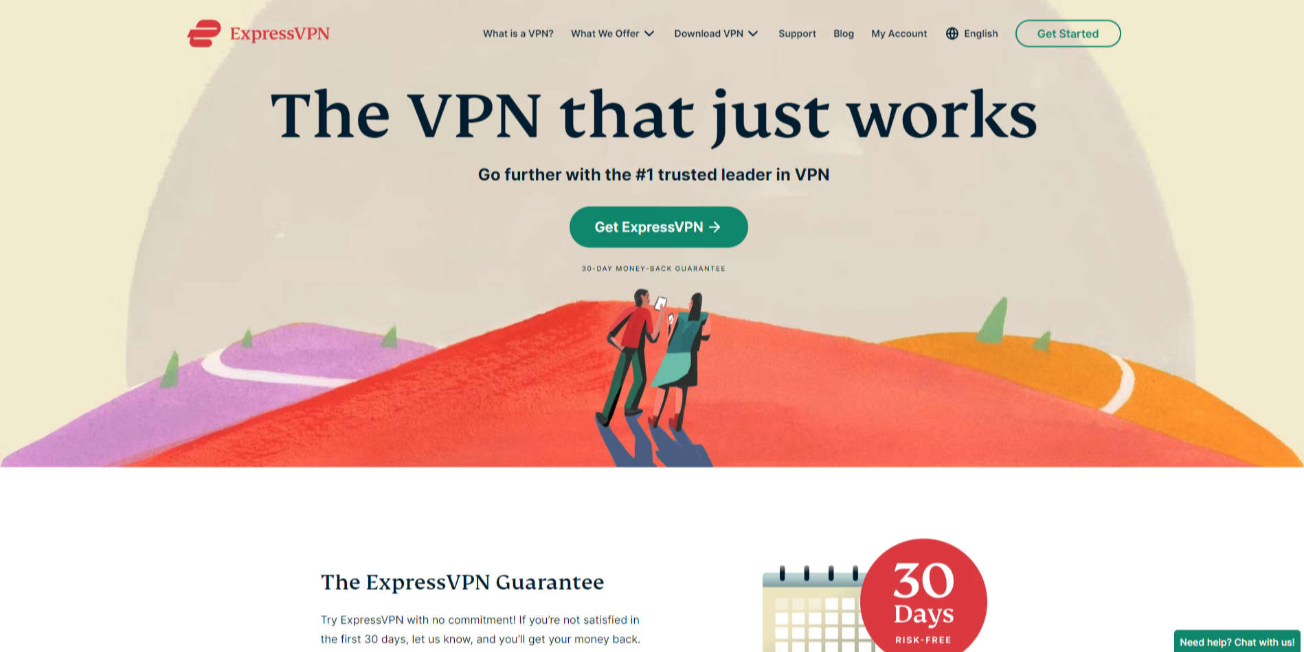 ExpressVPN landing page design with a colorful illustration. 