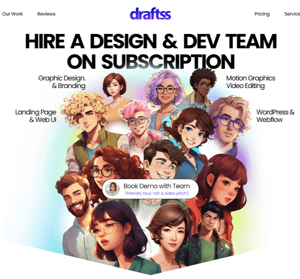 Draftss landing page inspiration with an illustration of a team of graphic designers and developer's.