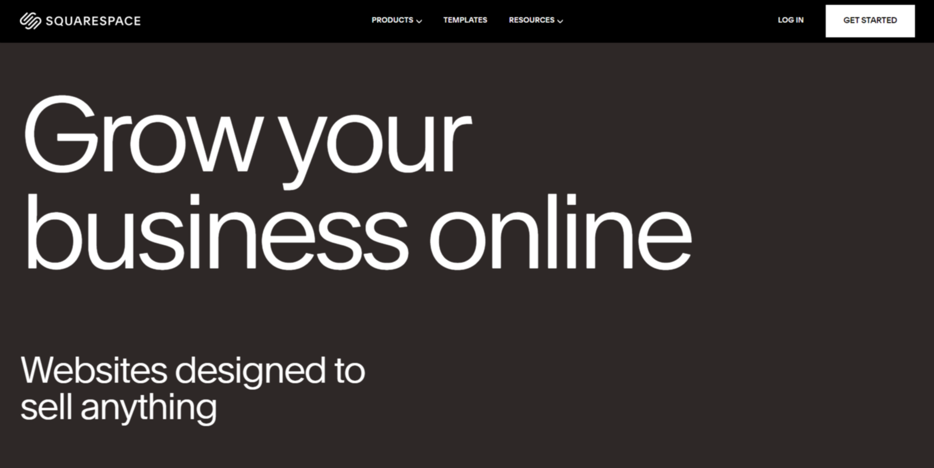 Squarespace landing page with a white text and dark background.