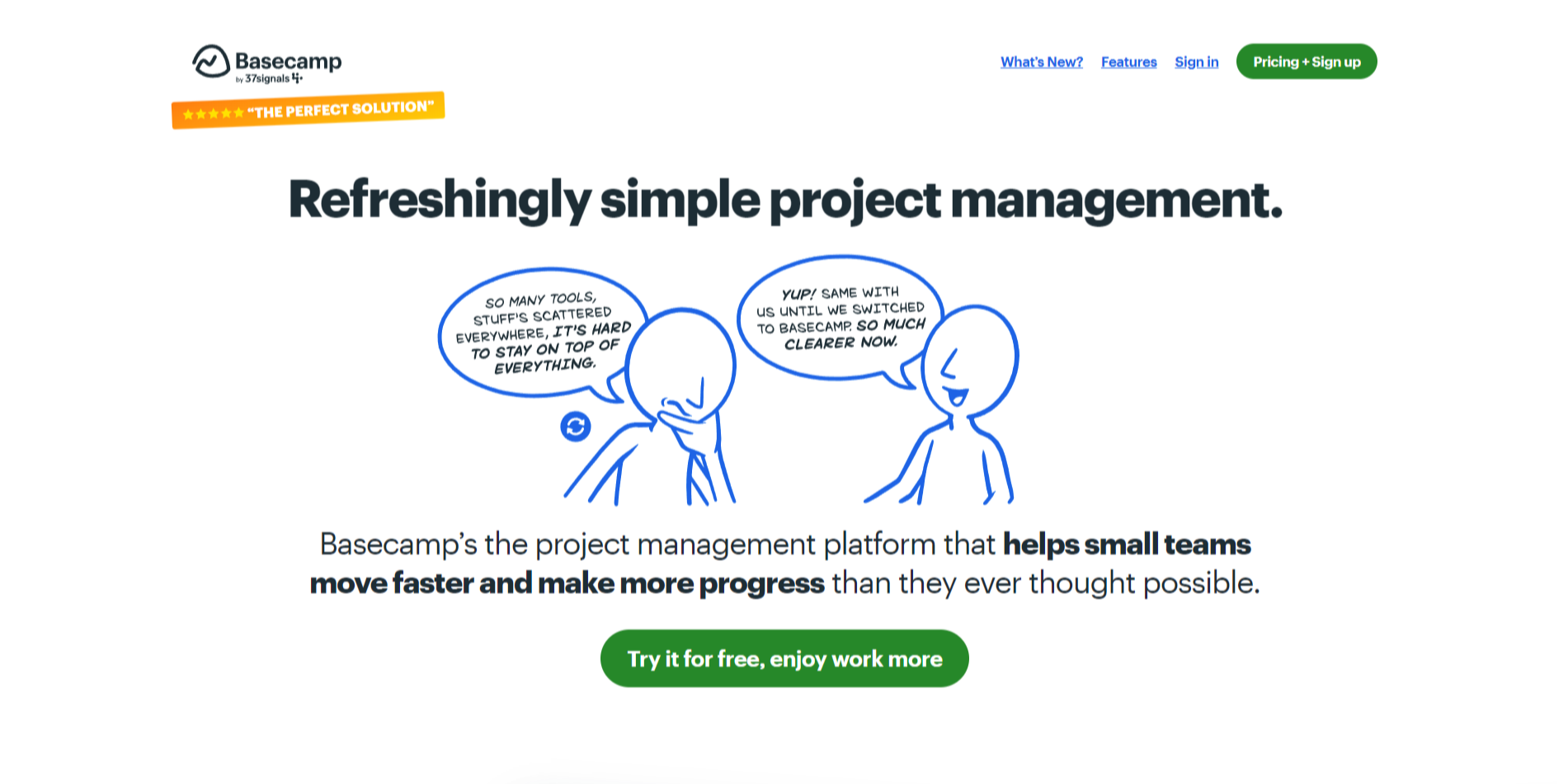 Basecamp landing page with a light colored background and comic style animation.