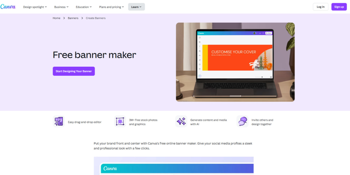 Canva free banner maker homepage.