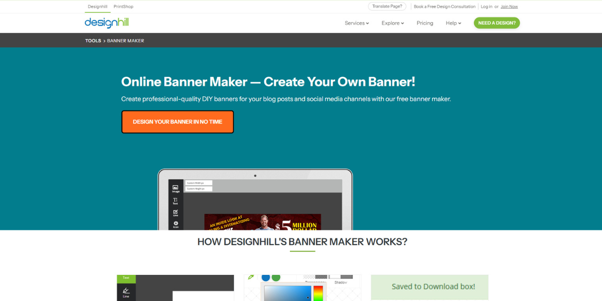 Designhill free online banner maker homepage.