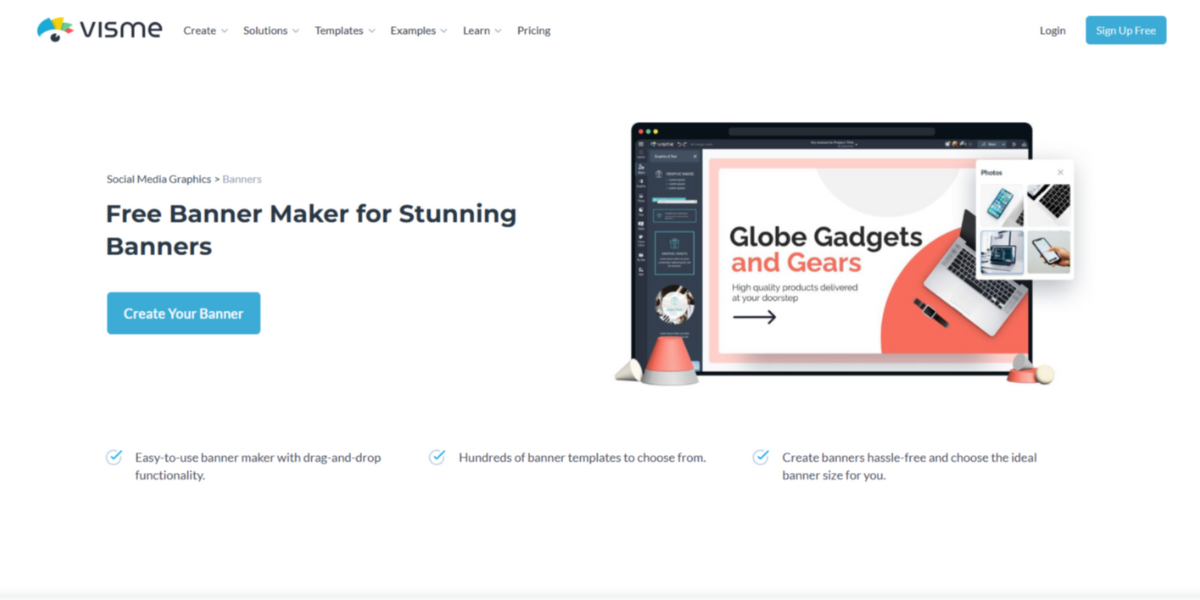 Visme homepage for free banner maker.