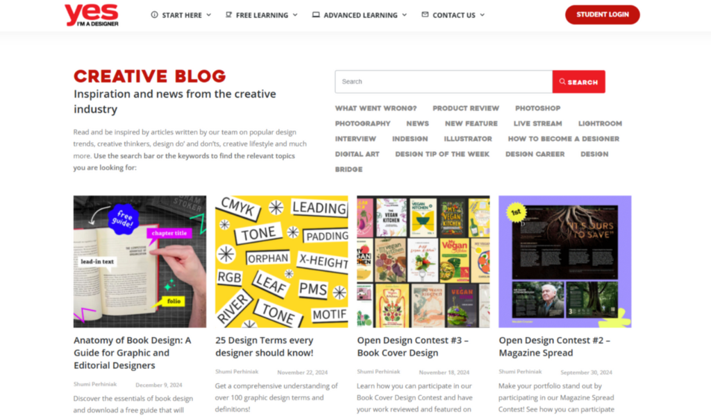 Yes I Am a Designer's creative design blog page.