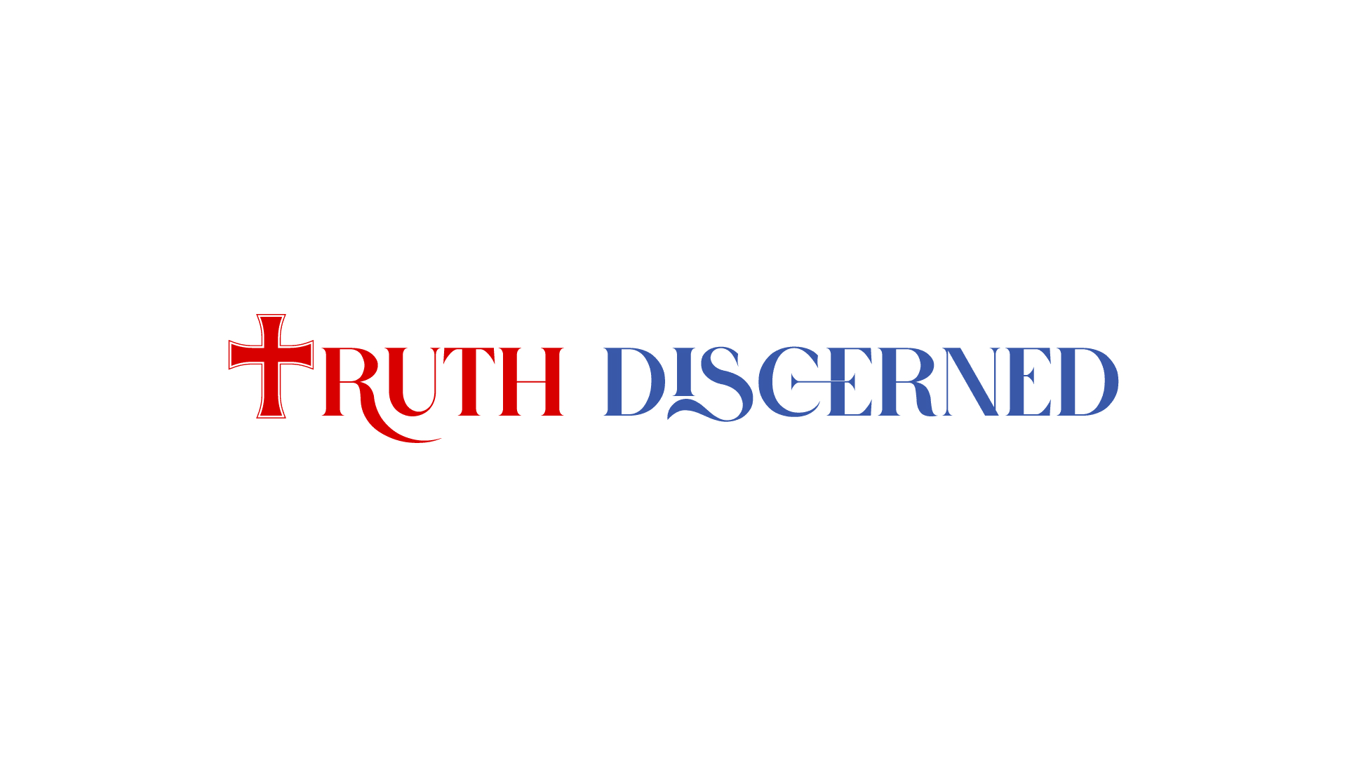 Logo design for Truth Discerned platform, featuring red cross integrated in the βTβ to represent unwavering values, blue lettering with a curved βSβ symbolizing insight, modern and meaningful branding created by Draftss, unlimited logo design, faith-based platform logo example, unlimited graphic designs, draftss, draftss portfolio
