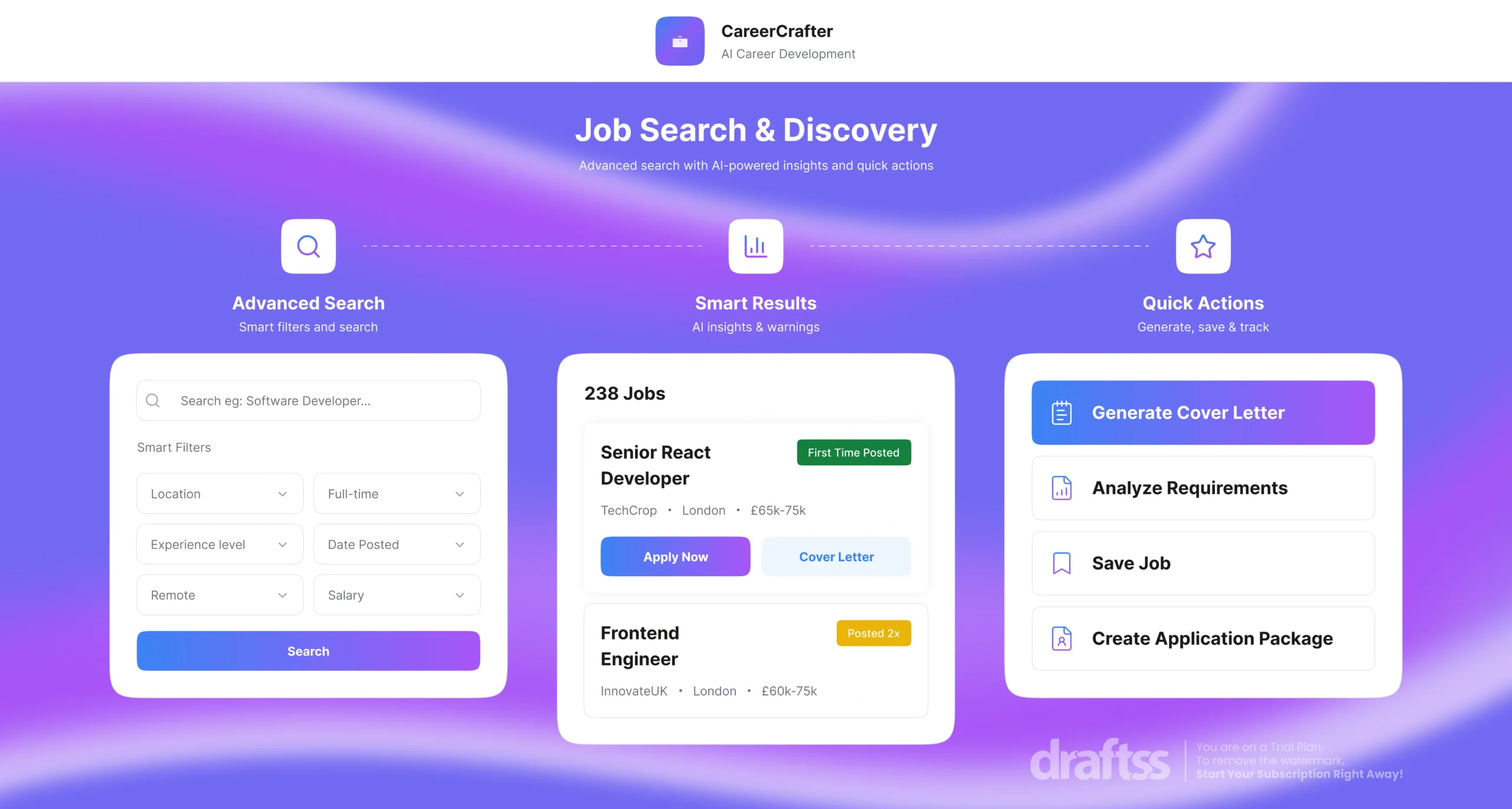 Flow graphics UI design for CareerCrafterβs How It Works page, featuring advanced job search, AI-powered insights, and quick application actions in a modern purple interface, designed by Draftss, unlimited UI design, career website flow example, unlimited graphic designs, draftss, draftss portfolio, custom landing page designs, UI/UX Design - How It Works page