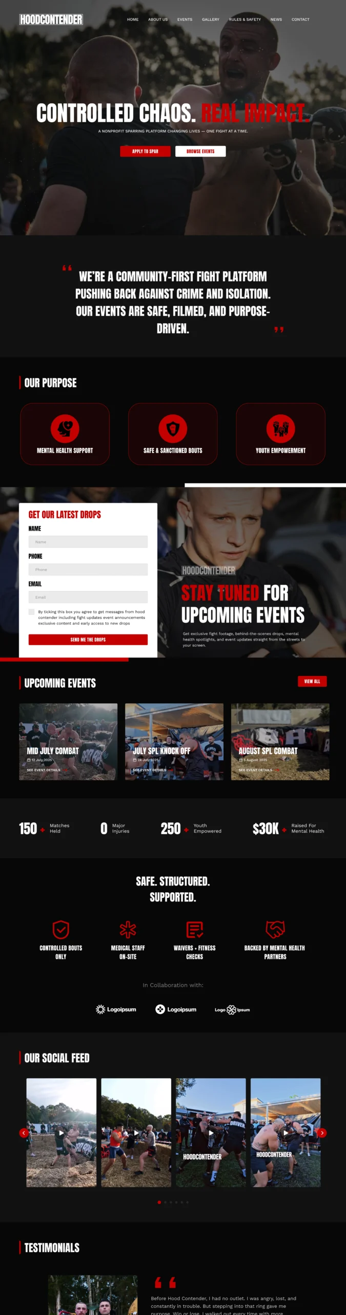 Homepage UI design for HoodContender, dynamic layout for street boxing match platform featuring bold community branding, upcoming events, fighter profiles, social media feed, and testimonial sections, designed by Draftss, unlimited UI design, boxing event website example, unlimited landing designs, unlimited graphic designs, draftss, draftss portfolio