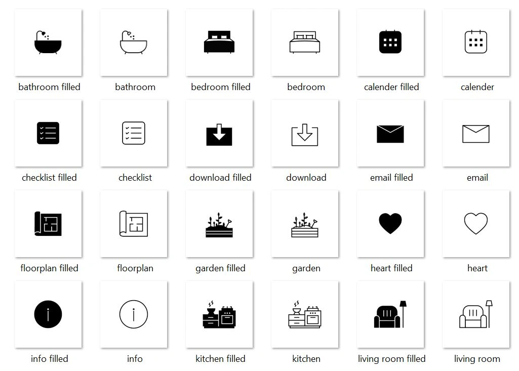 Icon pack design for Vibe Luxury Home, real estate firmβclean line and filled icons for bathroom, bedroom, checklist, download, email, floorplan, garden, heart, info, kitchen, and living room; pack created for website and post use by Draftss, unlimited icon design, real estate UI icon set example, unlimited graphic designs, draftss, draftss portfolio