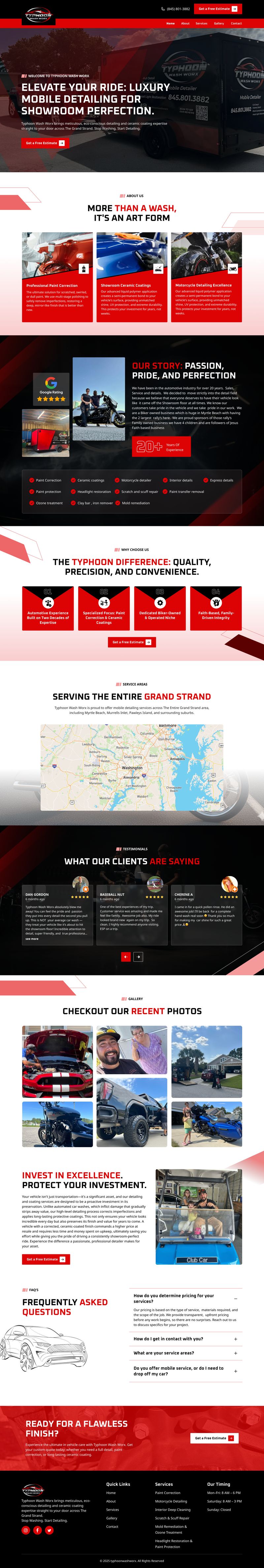 Landing page UI for Typhoon Wash Worx automotive detailing with bold red accents and service visuals, created by Draftss as part of the Draftss portfolio and unlimited graphic designs service.