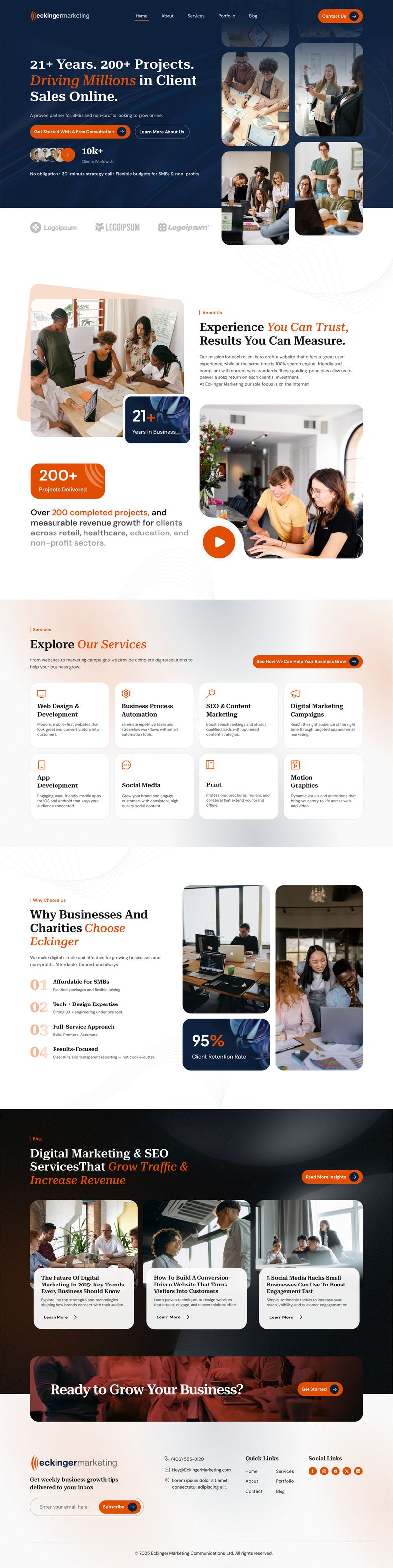 Landing page design for Eckinger Marketing with a clean agency layout, designed by Draftss as part of the Draftss portfolio and our unlimited graphic designs service.