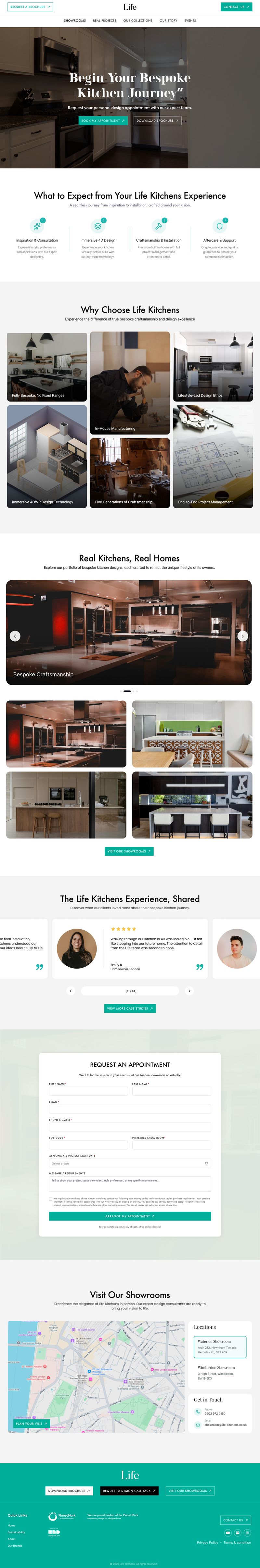 Landing page design for Life Kitchens with appointment scheduling, showroom details, and kitchen project visuals, created by Draftss as part of the Draftss portfolio and our unlimited graphic designs service.