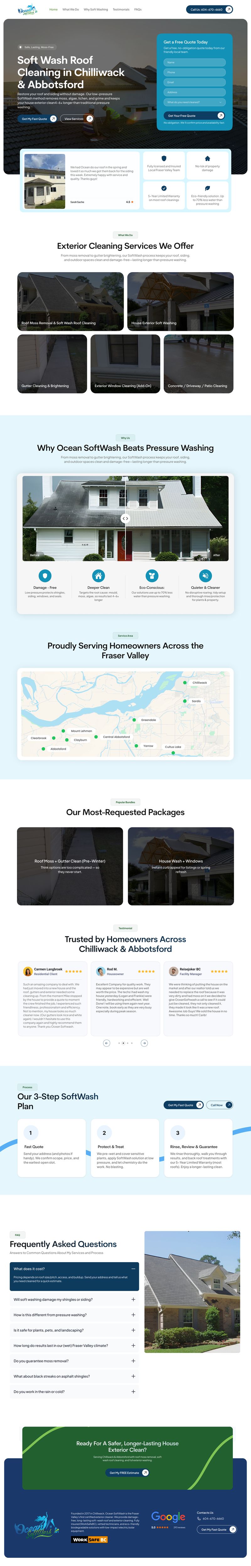 Landing page design for Ocean Softwash with service highlights, local areas served, and FAQs, created by Draftss for the Draftss portfolio within our unlimited graphic designs service.