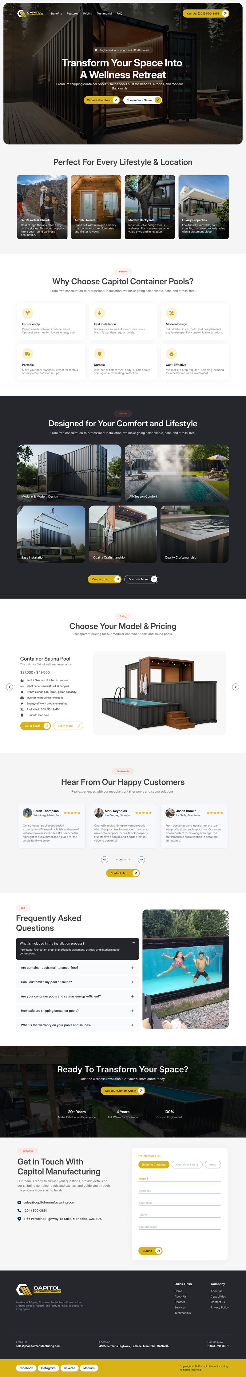 Landing page for Capitol Manufacturing premium shipping container pools and sauna pools featuring model options and lifestyle imagery, designed by Draftss for the Draftss portfolio and unlimited graphic designs service.