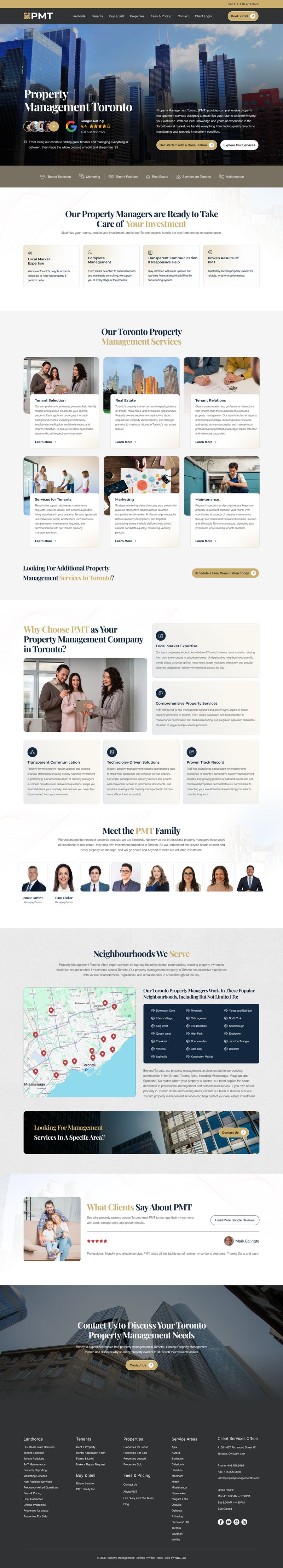 Location-focused landing page for Property Management Toronto featuring service sections, neighbourhood coverage, team profiles, and client reviews, created by Draftss for the Draftss portfolio through our unlimited graphic designs service.