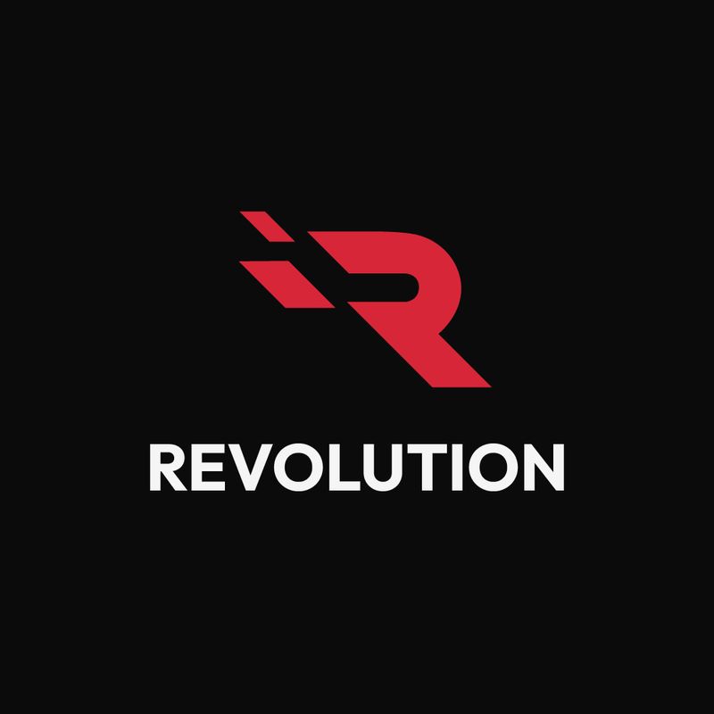 Modern bold logo design for Revolution featuring a dynamic red “R” symbol with motion elements, representing speed and power, created by Draftss as part of our unlimited graphic design and logo branding portfolio.