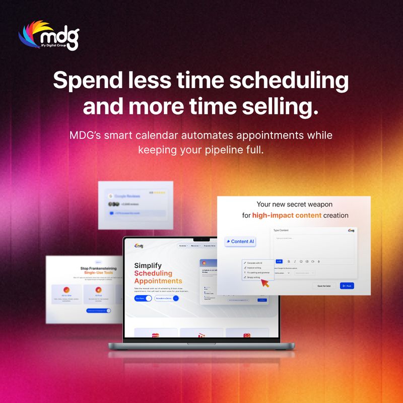 Social media promotional image for My Digital Group featuring scheduling automation and content AI tools, designed by Draftss for the Draftss portfolio with unlimited graphic designs support.