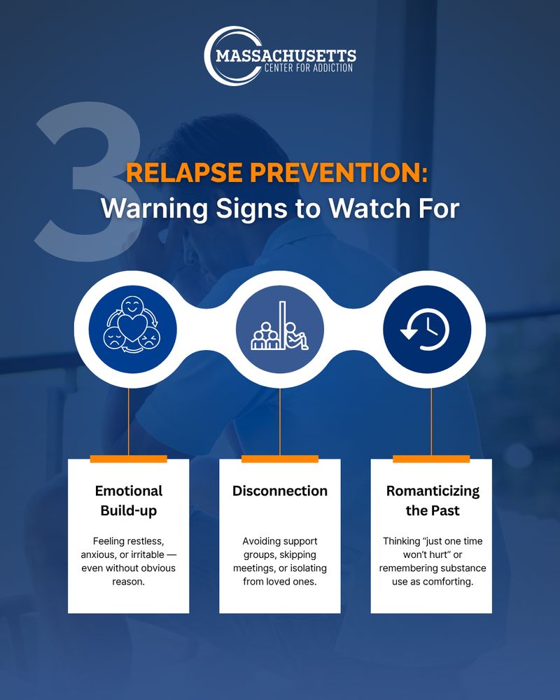 Educational social media design for Massachusetts Center for Addiction highlighting relapse prevention warning signs, designed by Draftss as part of the Draftss portfolio and unlimited graphic designs service.