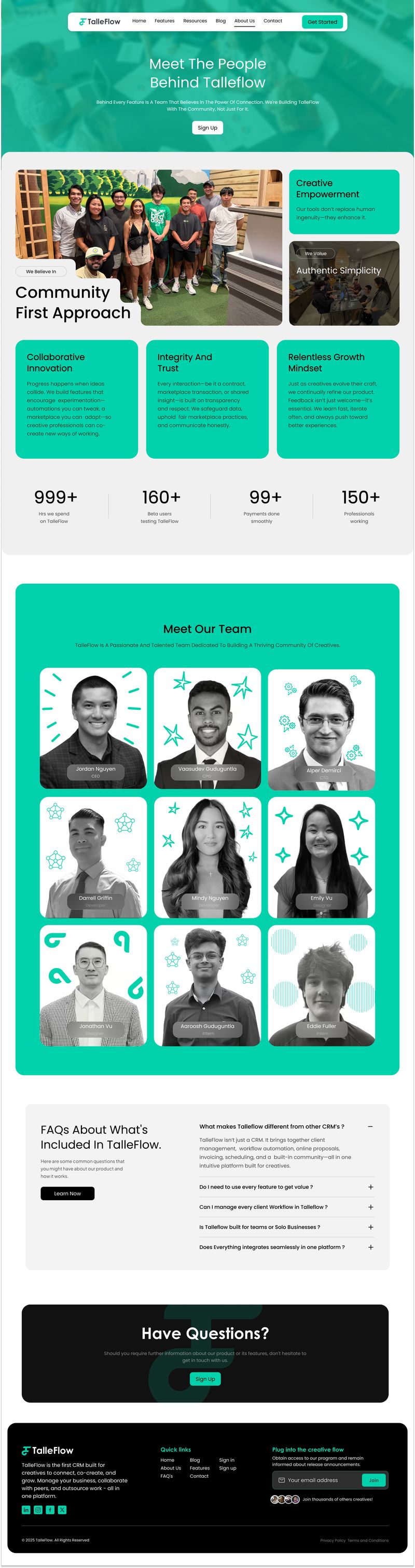 Team page design for Talleflow showing profiles, values, and company details, designed by Draftss and included in the Draftss portfolio as part of our unlimited graphic designs service.