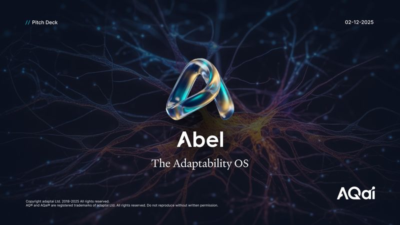 Pitch deck cover slide for Abel AI showcasing “The Adaptability OS,” featuring a 3D abstract symbol over neural network visuals, designed by Draftss as part of the Draftss portfolio and unlimited graphic design service.