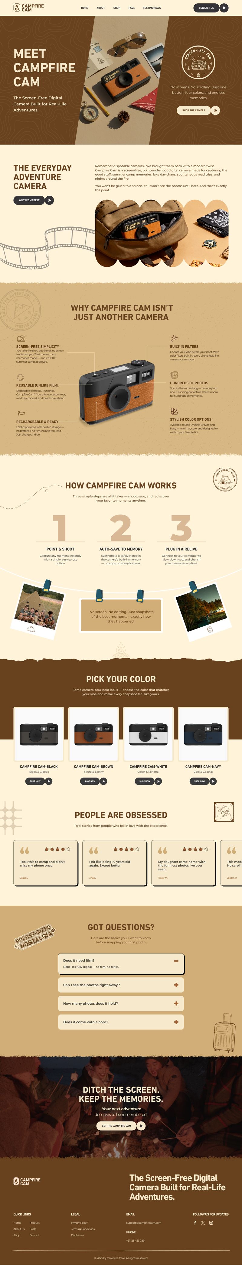Homepage design for Campfire Cam, a screen-free digital camera brand, showcasing product features, storytelling layout, color variants, testimonials, and purchase flow, designed by Draftss as part of the Draftss portfolio and unlimited UI and web design service.