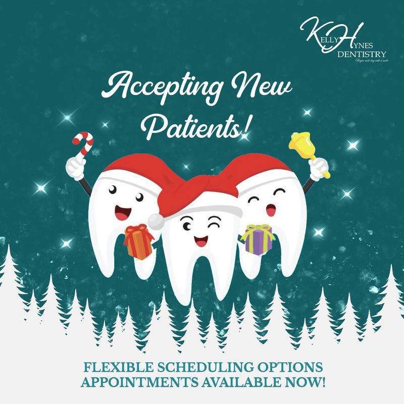 Christmas-themed social media graphic for Kelly Hynes Dentistry announcing acceptance of new patients, featuring illustrated teeth characters with holiday elements, designed by Draftss as part of the Draftss portfolio and unlimited graphic designs service.