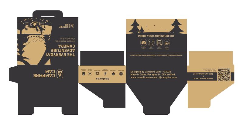 Packaging design for Campfire Cam adventure camera, featuring illustrated box layout, brand icons, product details, and QR code, created by Draftss as part of the Draftss portfolio and unlimited graphic design work.