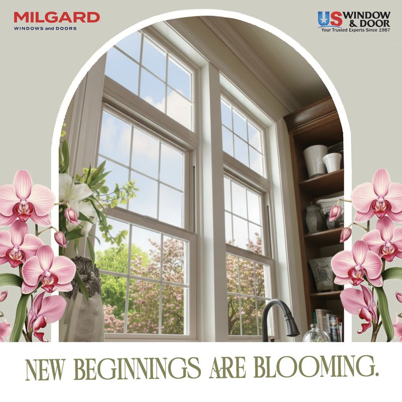 Spring-themed social media graphic for Milgard Windows and Doors and US Window & Door featuring bright interior windows and floral elements, designed by Draftss as part of a seasonal promotional campaign.
