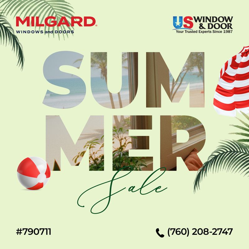 Summer sale social media graphic for Milgard Windows and Doors and US Window & Door featuring tropical elements and lifestyle window imagery, designed by Draftss for a seasonal promotional campaign.