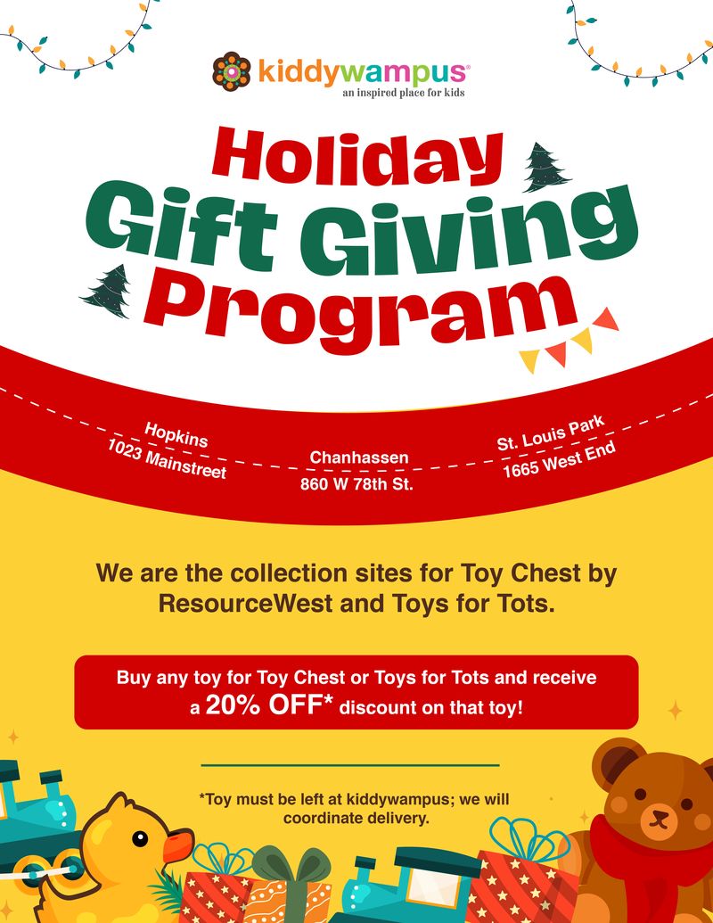 Holiday gift giving program social media flyer for Kiddy Wampus featuring festive illustrations, location details, and toy donation information, designed by Draftss.