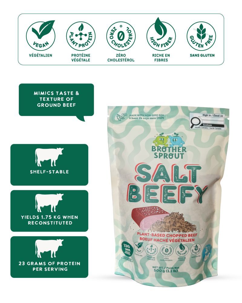 Lifestyle social media graphic for Li-An featuring plant-based Salt Beefy packaging with nutritional icons and product highlights, designed by Draftss.