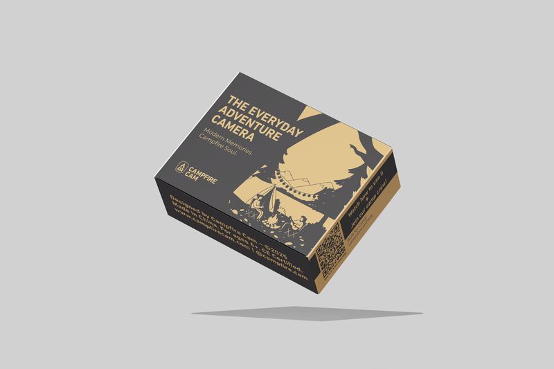 Packaging mockup for Campfire Cam adventure camera, showing final box design with illustrated outdoor theme, product messaging, and QR code, created by Draftss as part of the Draftss portfolio and unlimited graphic design service.