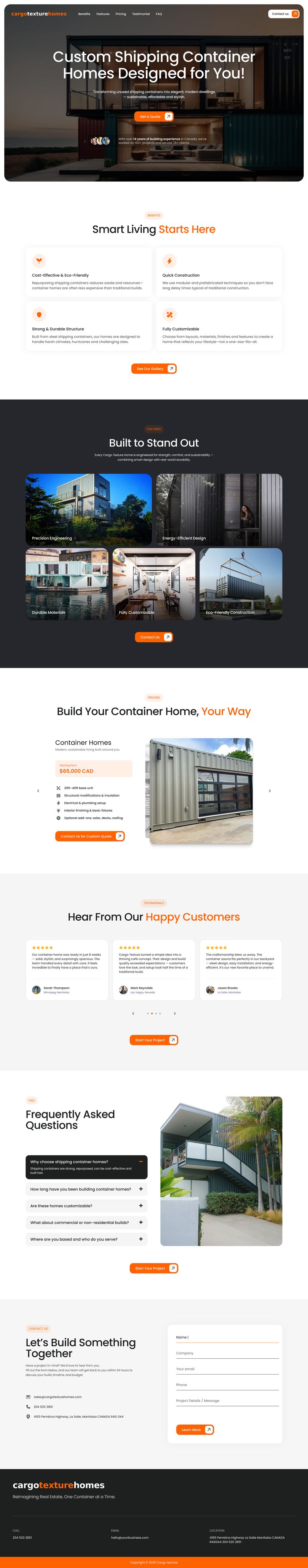 Landing page design for Cargo Texture Homes showcasing custom shipping container homes, modular layouts, pricing highlights, project gallery, customer testimonials, FAQs, and lead inquiry forms, created by Draftss as part of the Draftss portfolio and unlimited web and UI design service.