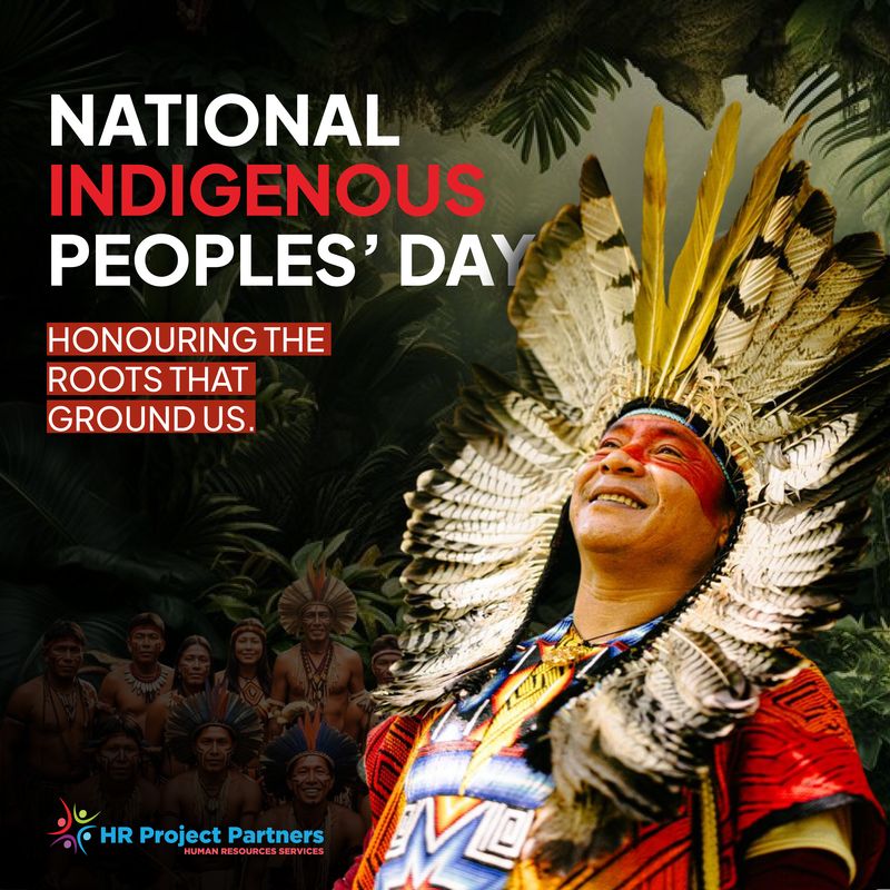 National Indigenous Peoples’ Day social media graphic for HR Project Partners honoring Indigenous culture and heritage, featuring a ceremonial portrait and message of recognition, designed by Draftss as part of the Draftss portfolio and unlimited graphic designs service.