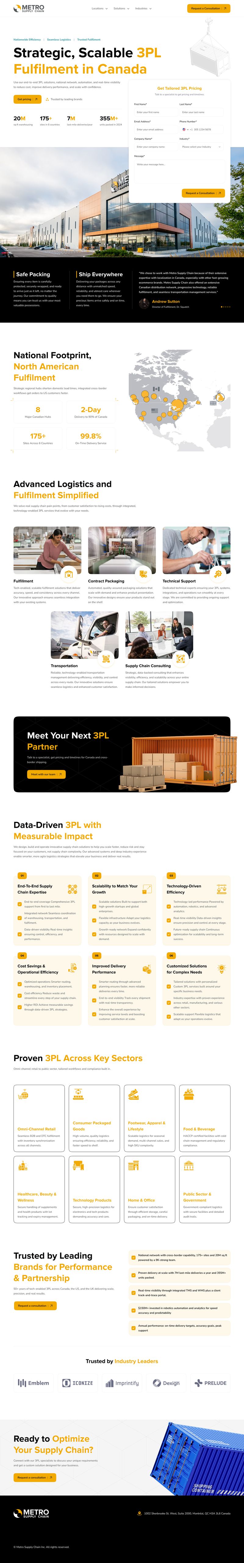 Landing page design for Metro SCG highlighting strategic and scalable 3PL fulfillment services in Canada, featuring logistics capabilities, national fulfillment footprint, service breakdowns, industry use cases, trust signals, and lead capture forms, created by Draftss as part of the Draftss portfolio and unlimited web and UI design service.