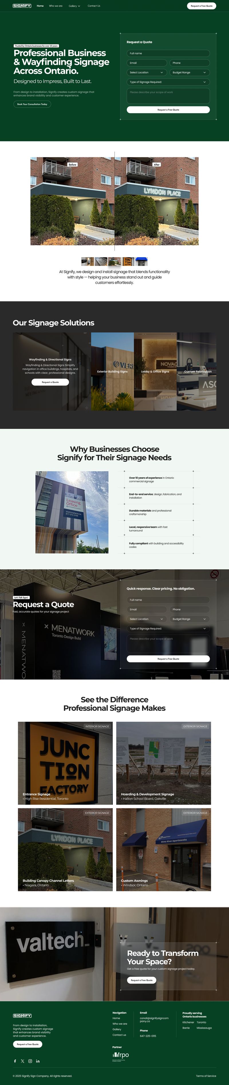 Landing page design for Signify Signs showcasing professional business and wayfinding signage services across Ontario, featuring service sections, before-and-after signage examples, project gallery, trust indicators, and quote request forms, created by Draftss as part of the Draftss portfolio and unlimited web and UI design service.