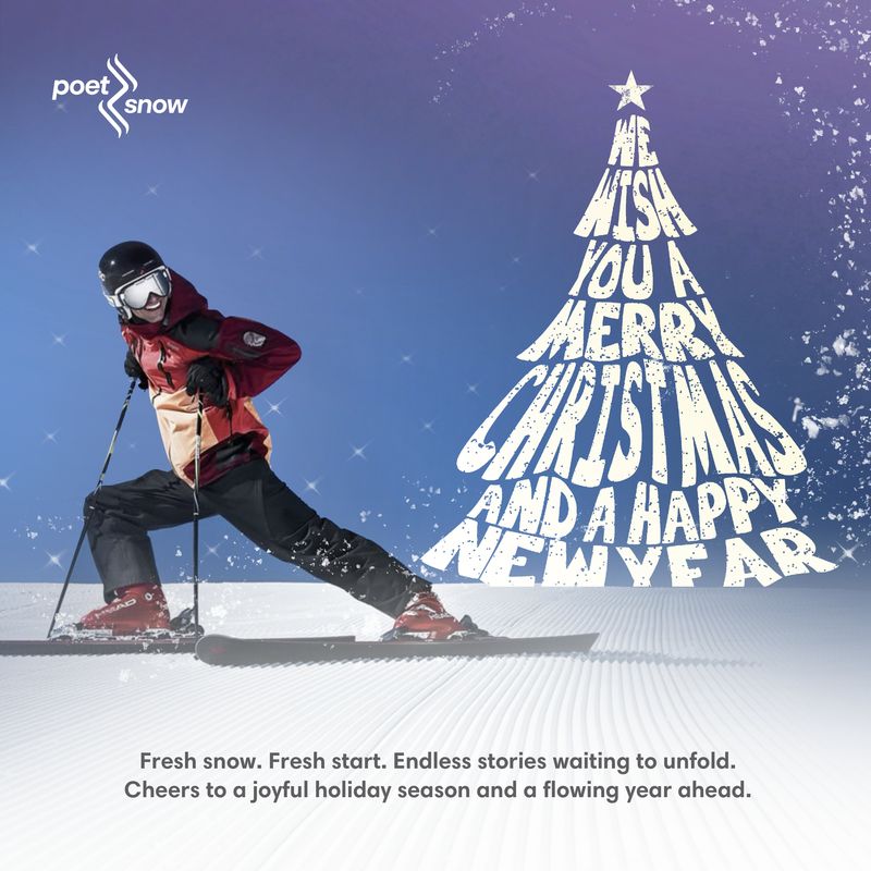 Holiday season social media graphic for Poet Snow featuring a skier on fresh snow with festive typography wishing a Merry Christmas and Happy New Year, designed by Draftss as part of the Draftss portfolio and unlimited graphic designs service.