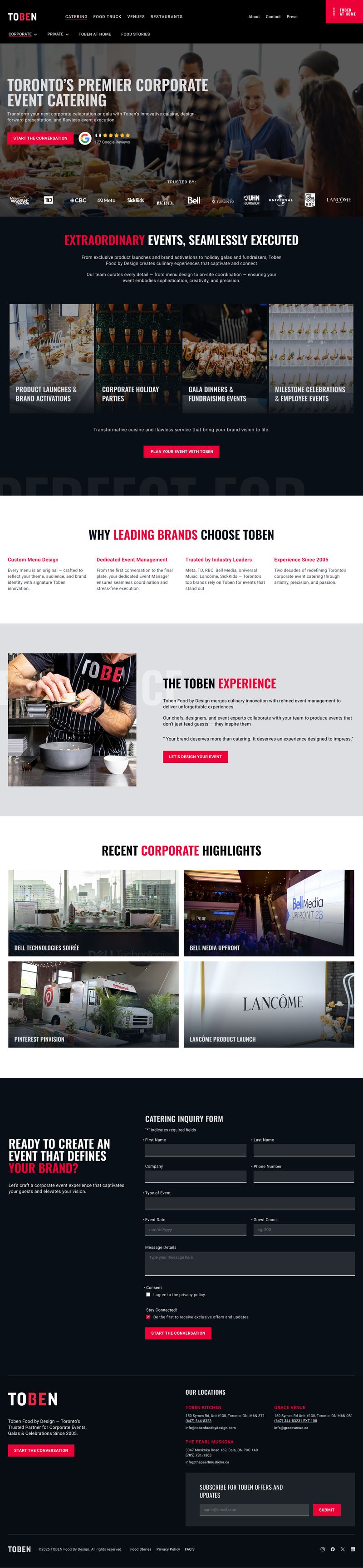 Landing page design for TOBEN Food By Design showcasing corporate event catering services in Toronto, featuring event categories, brand partnerships, testimonials, recent corporate highlights, and a conversion-focused inquiry form, created by Draftss as part of the Draftss portfolio and unlimited web and UI design service.