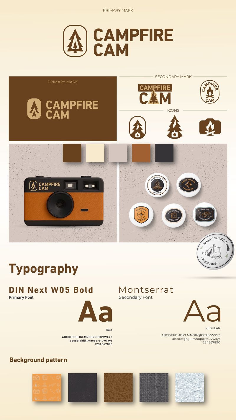 One-page brand kit design for Campfire Cam, a portable camera for kids and campers, showing logo system, icons, color palette, typography, and brand applications; part of the Draftss portfolio for unlimited branding and logo design.