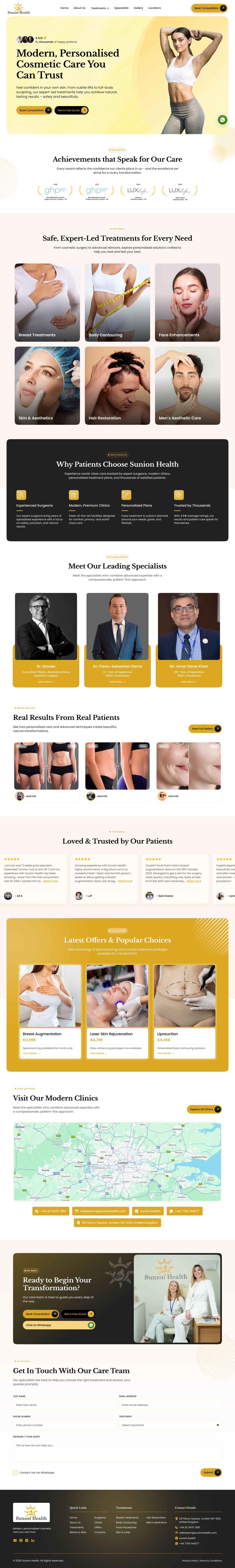 Full-length homepage design for Sunion Health cosmetic care featuring a yellow-accented hero section with lifestyle imagery, treatment category cards, specialist profiles, patient result galleries, testimonials, offers, clinic locations map, and contact sections arranged in a clean, conversion-focused layout, part of the Draftss portfolio for landing page design.