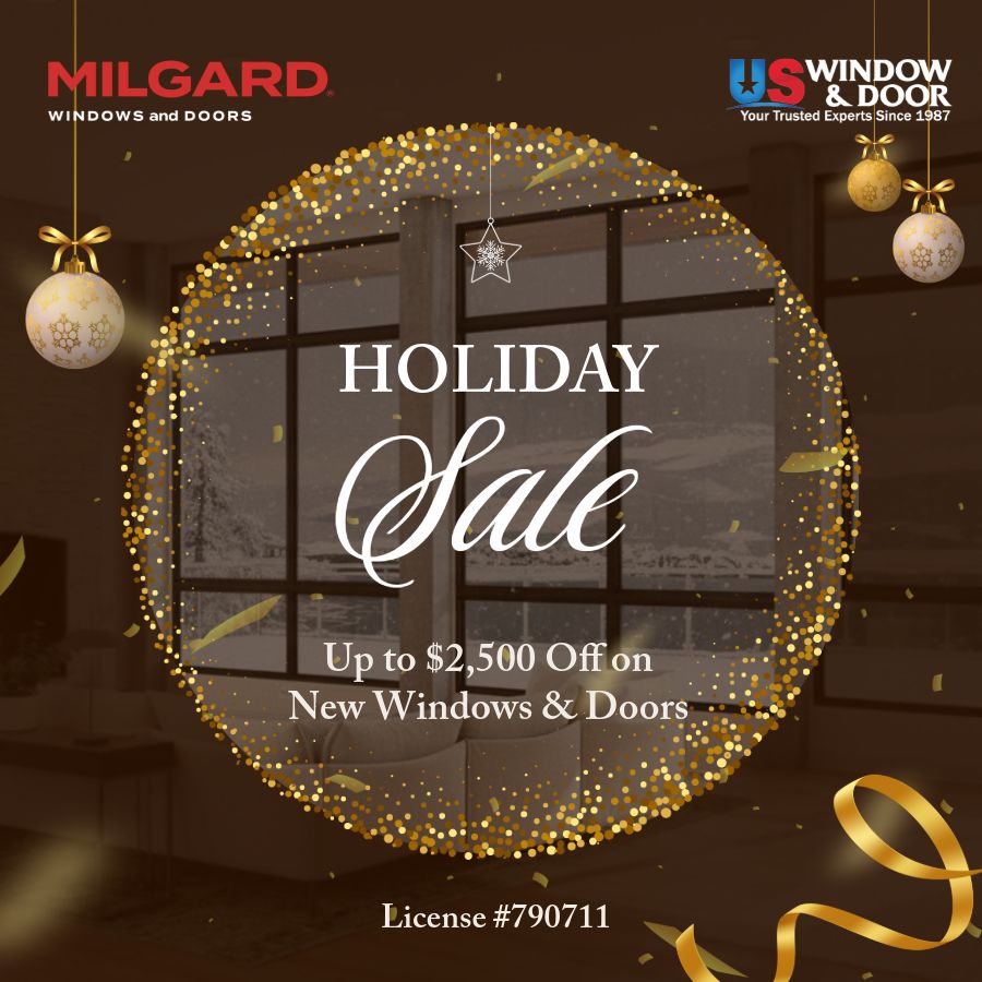 Holiday promotion graphic for US Window & Door featuring a warm interior window scene framed by a circular gold confetti border, ornament illustrations, and layered typography highlighting a seasonal sale offer for windows and doors, part of the Draftss portfolio for promotional graphic design.